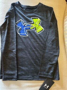 Under Armour Gray Long-Sleeve Tee with Blue and Neon Yellow Logo